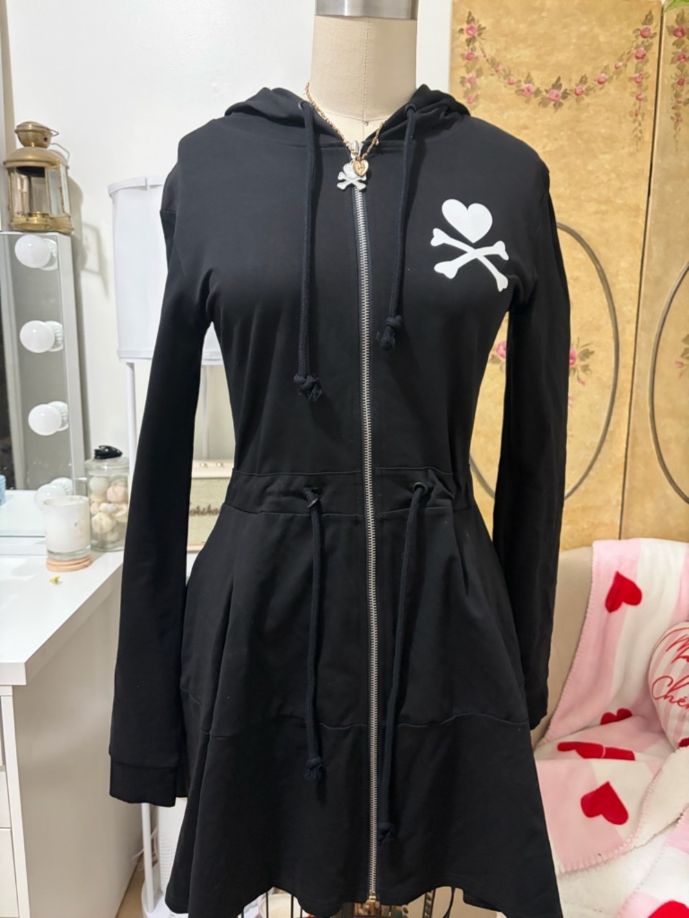 Dolls Kill Black Hooded Zip Dress with Heart & Crossbones